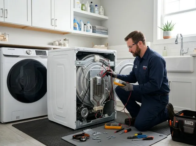 Appliance Repair Hero technician checking a dryer heating element with the rear panel off in Berea, KY