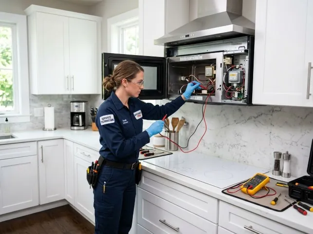 Appliance Repair Hero technician testing an over-the-range microwave in a Berea, KY kitchen
