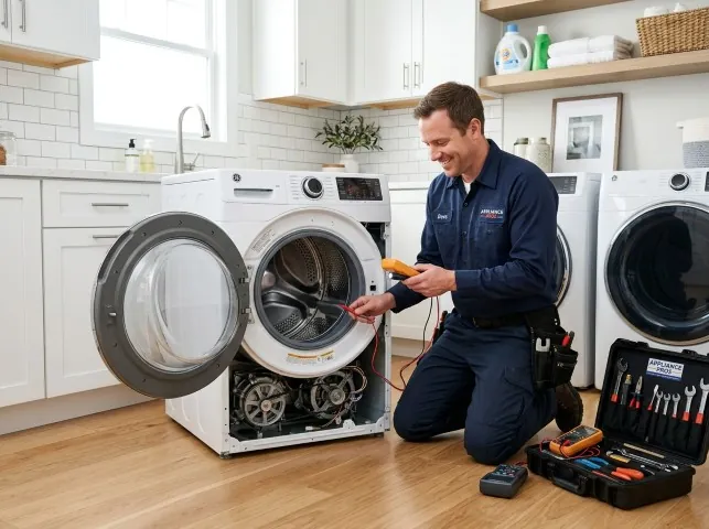 Appliance Repair Hero technician testing a front-load washer with a multimeter on a Berea, KY service call
